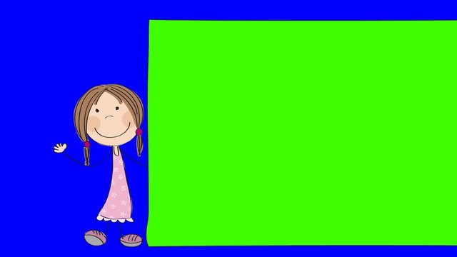 Animation of a happy little girl standing behind blank banner / board and waving, animated hand drawn cartoon character, loop able, on chroma key green screen background.