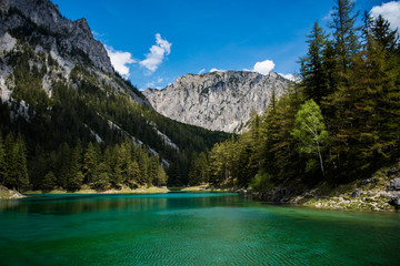 Famous lake in Austria caled green lake Gruner See in summer. Travel destination - obrazy, fototapety, plakaty