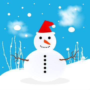 Snowman against the sky with clouds and snowflakes