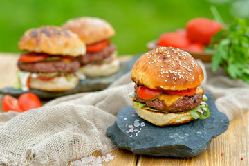 Burger grilled outdoors