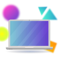 Flying laptop on an abstract background of blurred gradient shapes.