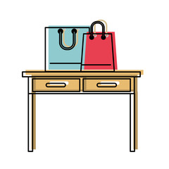 desk table with drawers front view with shopping bags above in watercolor silhouette