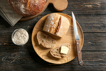 Composition with buckwheat bread on table