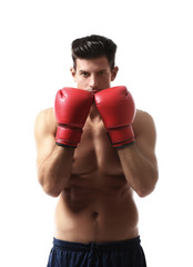 Attractive young boxer on white background