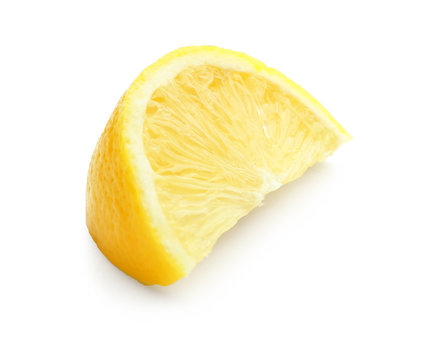 Slice of fresh ripe lemon on white background