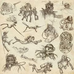 DIVING - An hand drawn collection. Freehand drawing. Line art sketching. © kuco