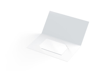 Blank white plastic card mock up inside paper booklet holder, 3d rendering. Clear loyalty program folded brochure with certificate mockup. Customer loyal booklet envelope template.