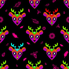 Cute kids deer pattern for girls and boys. Colorful deers on the abstract background create a fun cartoon drawing. The pattern is made in neon colors. Urban deer backdrop for textile and fabric.