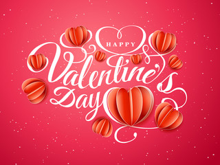 Happy Valentine s day. Font composition with paper red hearts isolated on red background. Vector beautiful Holiday romantic illustration. Paper craft style. Wallpaper, flyer,invitation,poster,banner.