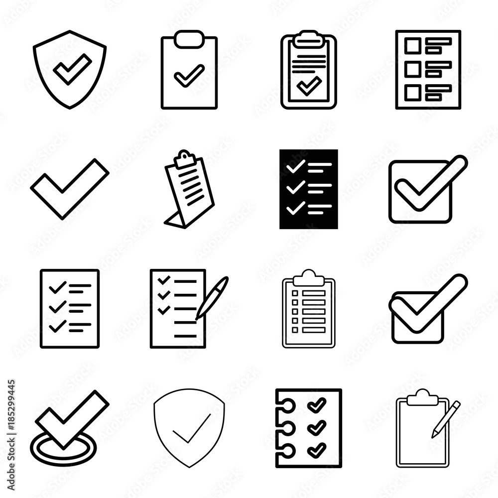 Poster checkmark icons. set of 16 editable outline checkmark icons