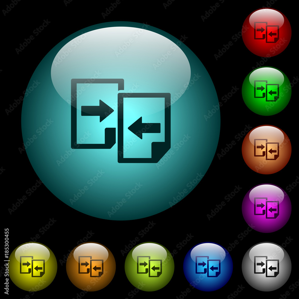 Poster share documents icons in color illuminated glass buttons