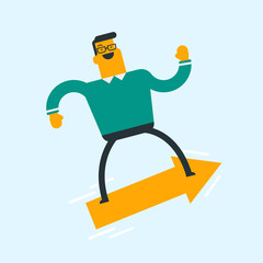 Young caucasian white successful businessman standing on the arrow flying up to success. Concept of moving forward to business success, career growth. Vector cartoon illustration. Square layout.