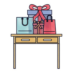 desk table with drawers front view with gifts box and bags above in colored crayon silhouette