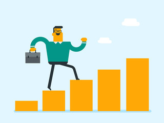 Young caucasian white successful businessman with briefcase running along the growing profit bar chart. Business profit and success concept. Vector cartoon illustration. Square layout.