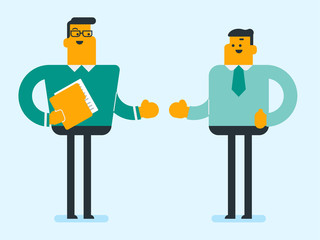 Two young caucasian white confident businessmen talking. Business partners giving each other hands for a handshake. Colleagues discussing business project. Vector cartoon illustration. Square layout.
