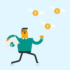 Young caucasian white businessman running in a hurry for flying golden coins with wings. Businessman trying to catch dollar coins and put them into empty glass jar. Vector cartoon illustration.