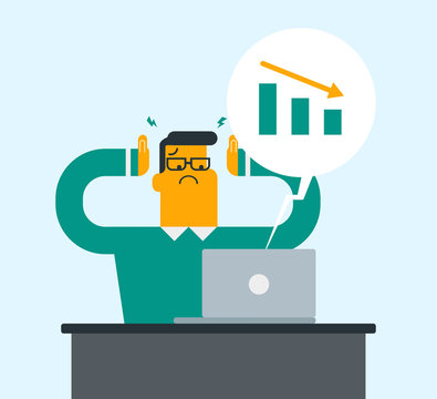 Desperate caucasian white businessman clasping his head while sitting at the workplace and looking at chart going down on a laptop computer screen. Vector cartoon illustration. Square layout.
