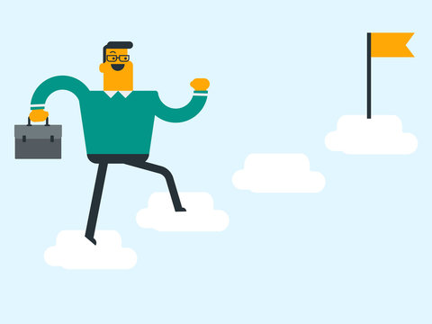 Young caucasian white businessman jumping from one cloud to another to get a flag symbolizing business goal. Business competition, motivation, goal and challenge concept. Vector cartoon illustration.