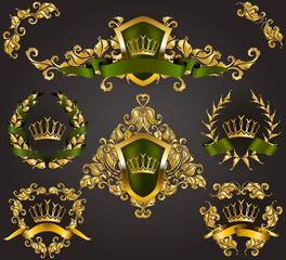 Set of golden royal shields with floral elements, ribbons, laurel wreaths for page, web design. Old frame, border, crown in vintage style for monograms, label, emblem, badge, logo. Illustration EPS10