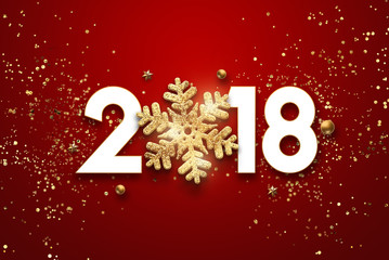 Inscription 2018, Christmas, Christmas background, greeting card with a golden Christmas snowflake and confetti. Red background.