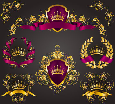 Set of golden royal shields with floral elements, ribbons, laurel wreaths for page, web design. Old frame, border, crown in vintage style for monograms, label, emblem, badge, logo. Illustration EPS10