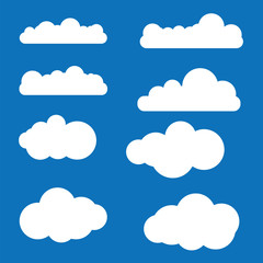 Cloud vector icon set white color on blue background. Sky flat illustration collection for web. Vector illustration