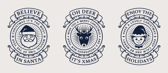 Christmas emblems with Santa, Elf and deer.