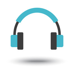 Black and blue headphone icon with shadow. Vector illustration