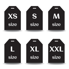 Set of size clothing label icons, black silhouette with white inscription. Vector illustration