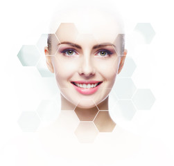 Human face in honeycomb. Young and healthy girl in plastic surgery, medicine, spa and face lifting...