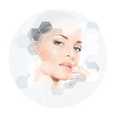 Human face in honeycomb. Young and healthy girl in plastic surgery, medicine, spa and face lifting concept.