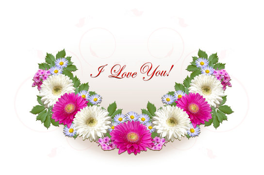 Card with crimson pink and white gerberas with other small purple asters and greeting I Love you on a white background