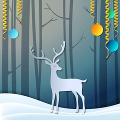 Merry Christmas 3d abstract paper cut illustration of deer in forest. Vector Greeting card. Origami winter season. Happy New Year. Paper art style. Pastel background. Vector