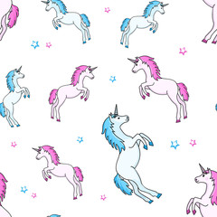 Seamless pattern with blue, pink unicorn and stars on white background. Vector illustration