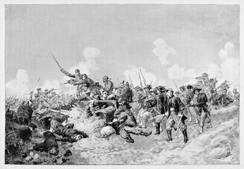 Ancient soldiers fighting on battlefield using swords and bayonets. Battle of Malakoff during Crimean war 1855. By E. Matania published on Garibaldi e i Suoi Tempi Milan Italy 1884