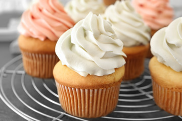 Tasty cupcakes on cooling rack