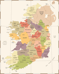 Naklejka premium Ireland Map - Vintage Detailed Vector Illustration