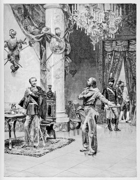 Garibaldi meets King Carlo Alberto in a luxury royal hall with a big chrystal chandelier. By E. Matania published on Garibaldi e i Suoi Tempi Milan Italy1884Garibaldi and Carlo Alberto
