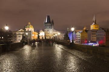 Fototapeta premium Night snowy Prague Old Town from Charles Bridge, Czech republic
