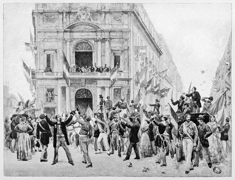 Croud of ancient people greets Garibaldi entering on a large square in Naples. Buildings on background. By E. Matania published on Garibaldi e i Suoi Tempi Milan  Italy 1884