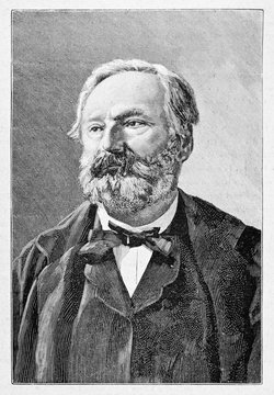 Old bust engraved portrait of Victor Hugo (1802 - 1885) in elegant ancient clothes. French poet dramatist and novelist. By E. Matania published on Garibaldi e i Suoi Tempi Milan Italy 1884 