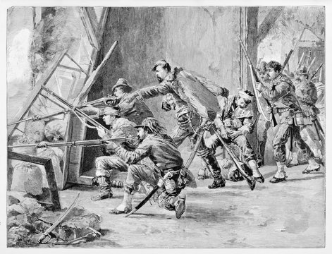 Ancient soldiers shooting from a window in a ruined room. Giacomo Medici and his soldiers fighting in Villa del Vascello Rome. By E. Matania published on Garibaldi e i Suoi Tempi Milan Italy 1884
