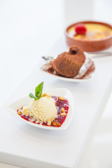Creme brulee, chocolate mousse and ice cream