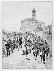 Ancient soldiers marching to a countryside church after a battle. Wounded people on the ground. San Fermo battle 1859. By E. Matania published on Garibaldi e i Suoi Tempi Milan Italy 1884