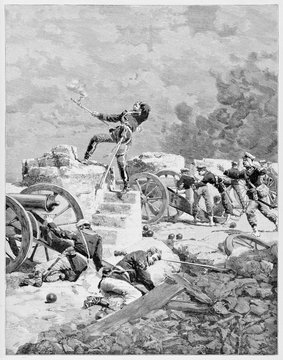 Ancient battle scene with a soldier mortally shooted while uses a cannon in trench. Italian patriot Cesare Rosaroll (1809 - 1849). By E. Matania published on Garibaldi e i Suoi Tempi Milan Italy 1884