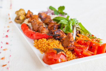 Sis kebap with rice and vegetables