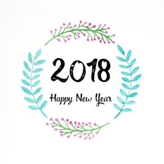 Happy new year 2018 on watercolor hand painting flowers wreath over white background, new year greeting card, banner