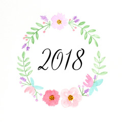 Happy new year 2018 on watercolor hand painting flowers wreath over white background, new year greeting card, banner
