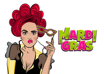 Dare pop-art woman girl wow face kitsch fashion. Hold hand mask. Mardi Gras - Fat Tuesday carnival carnival in a French-speaking country. Comic book cartoon vector illustration pop art speech bubble. © Kapitosh