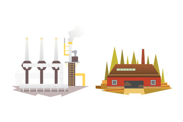 Fototapeta premium Different industrial factory buildings and plants. Industrial city construction set vector illustrations